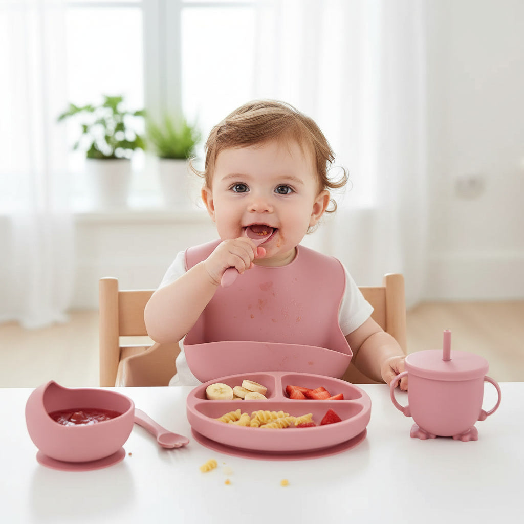 Set vajilla de silicona para bebe rosa